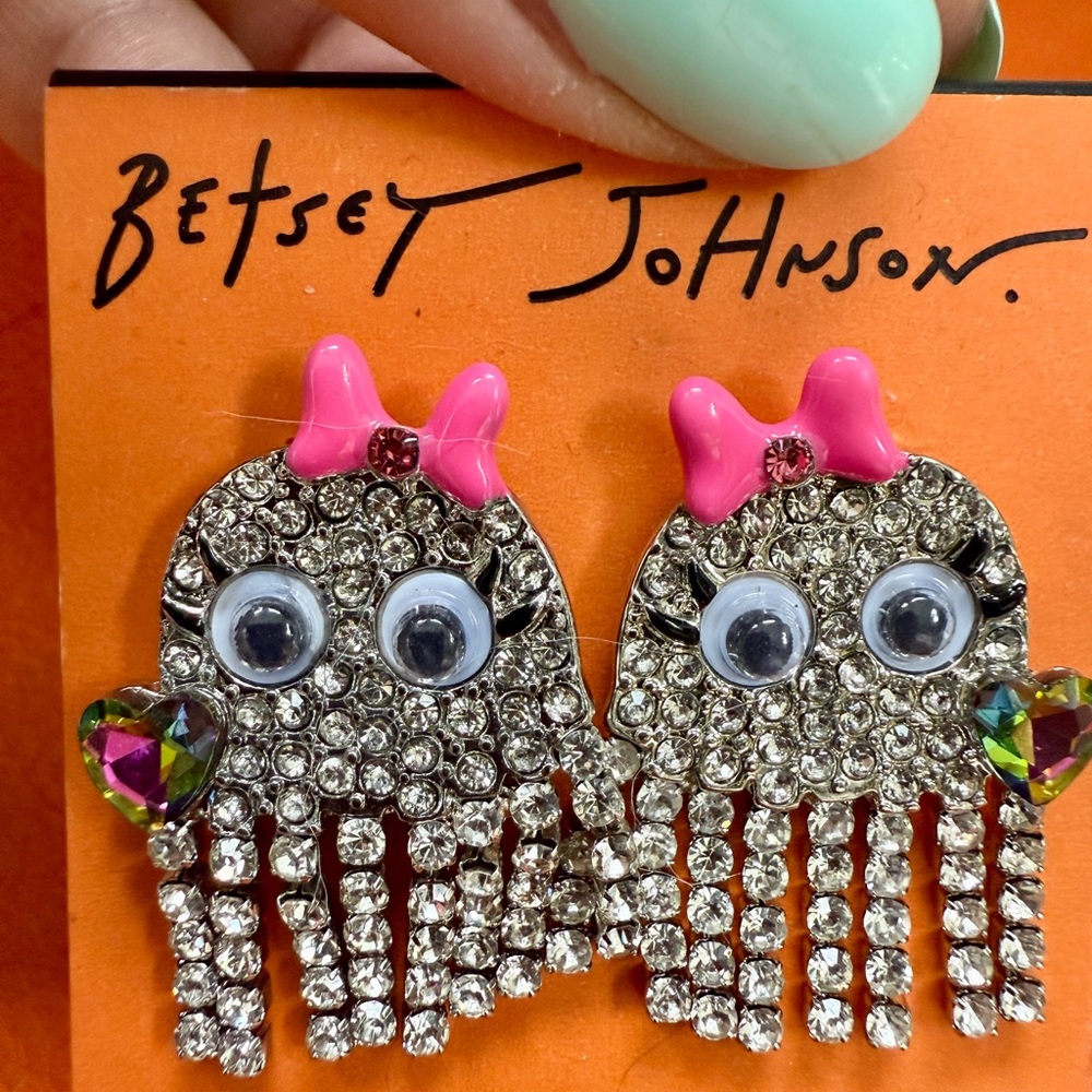 Betsey Johnson Silver and Pink Rhinestone Earrings